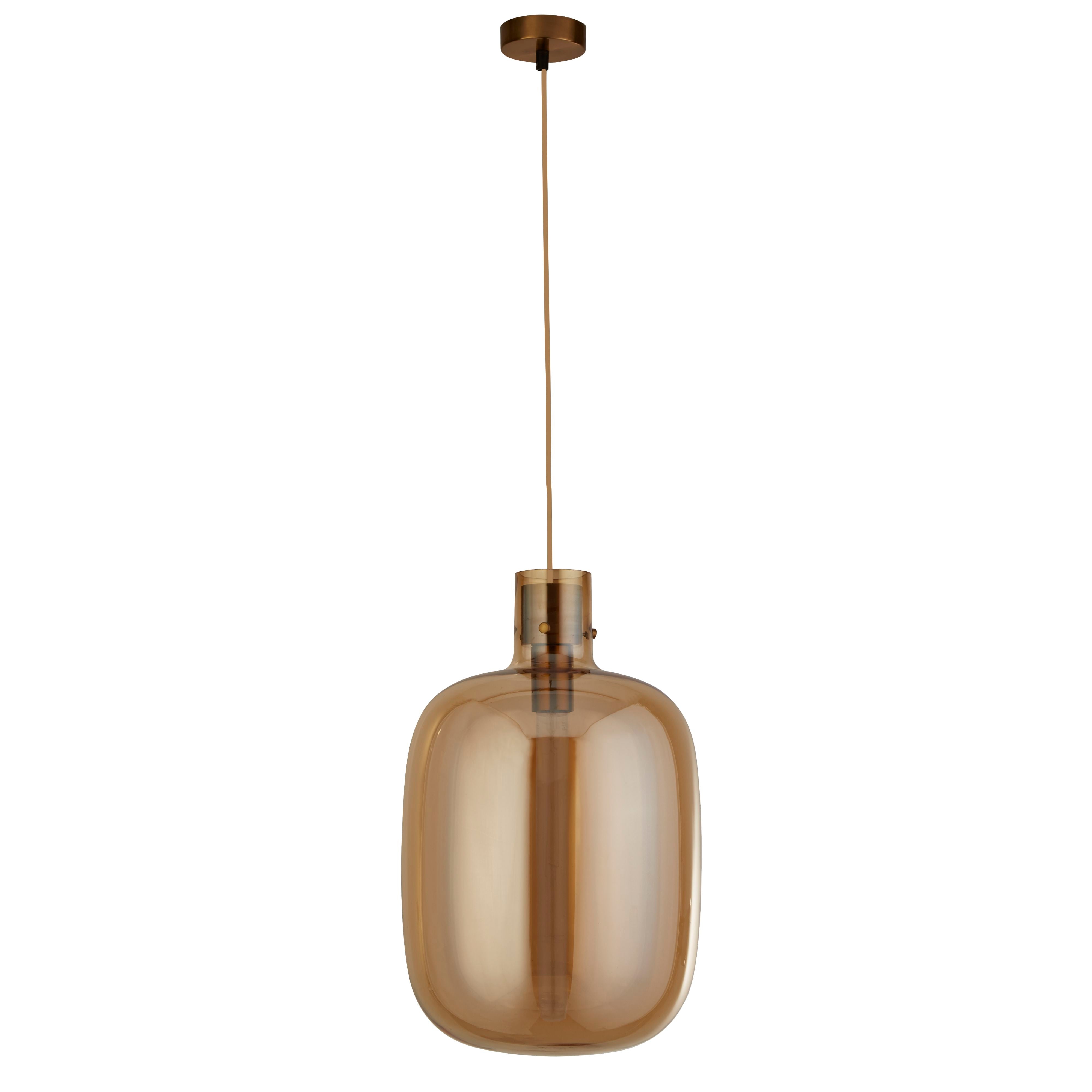 Searchlight Barrel pendant light in satin brass with an amber glass shade, second studio angle on a white background