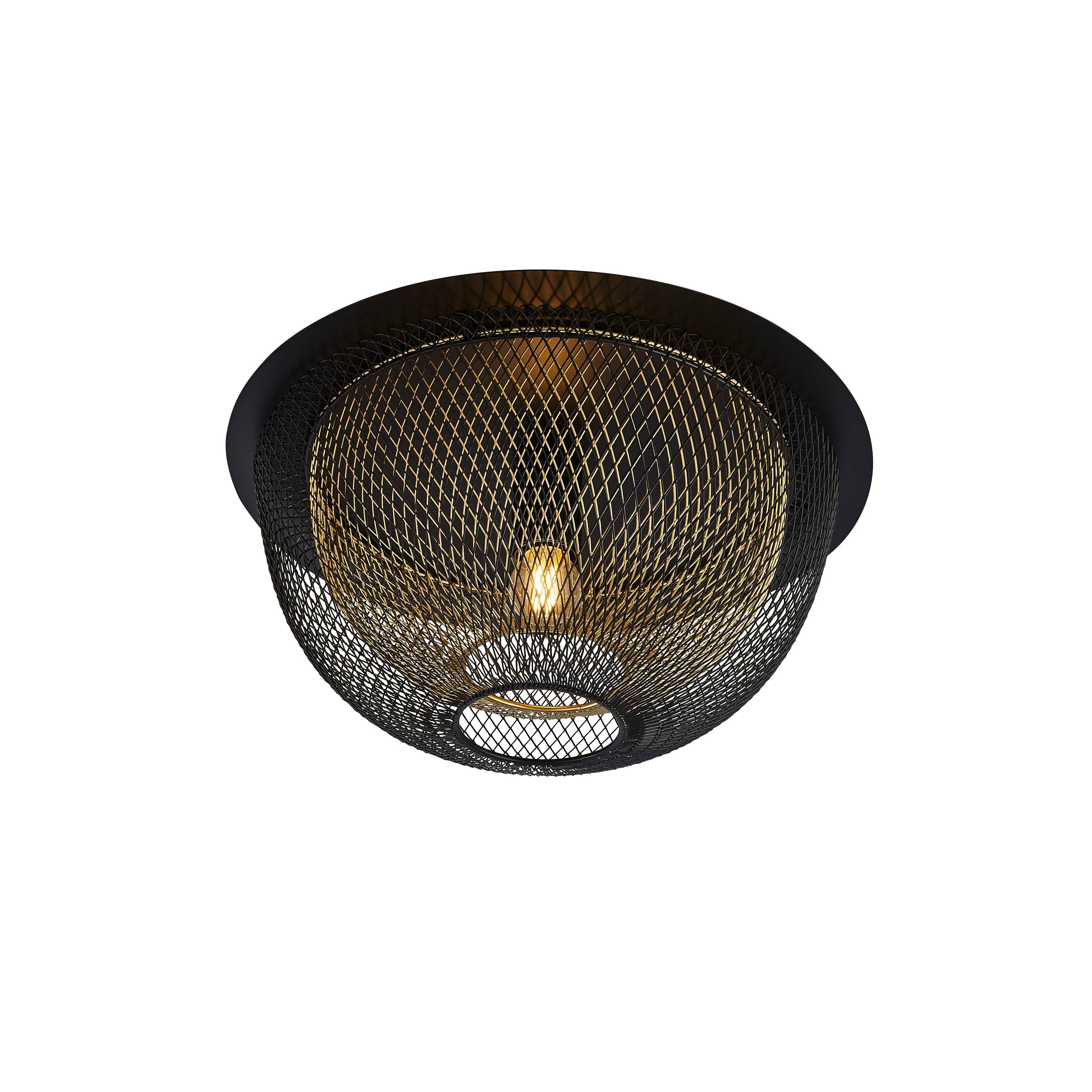 Searchlight Honeycomb flush ceiling light in black and gold mesh, studio shot from below on a white background