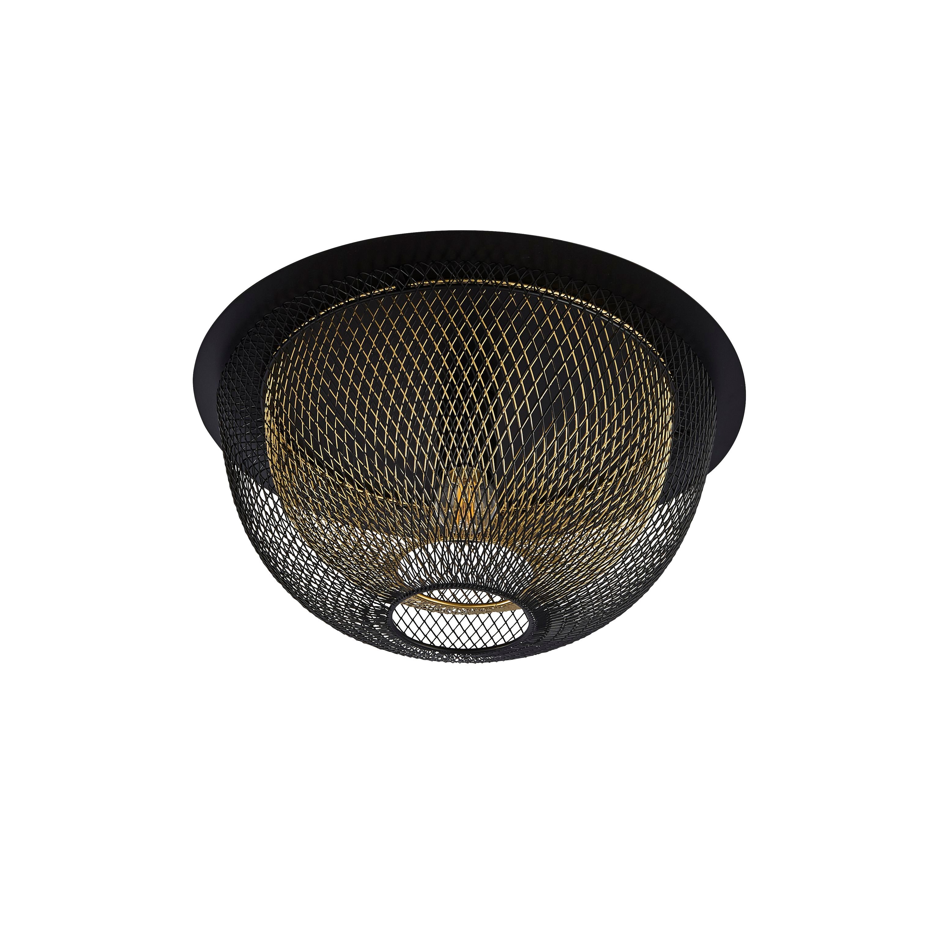 Honeycomb flush ceiling light from a slightly different angle, showing the black outer mesh and gold inner mesh dome