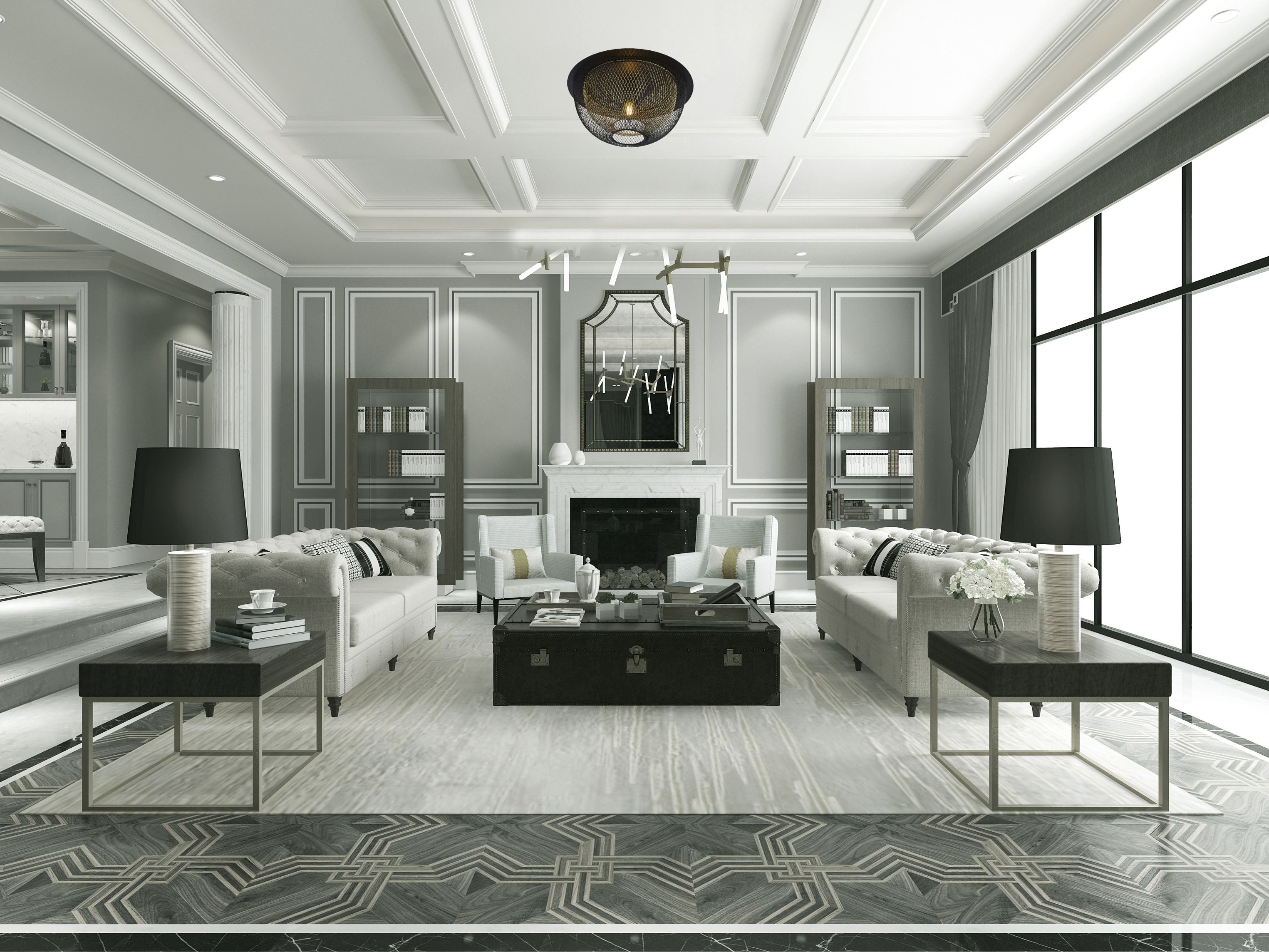 Honeycomb flush ceiling light fitted to a coffered ceiling above a formal grey living room with two white sofas
