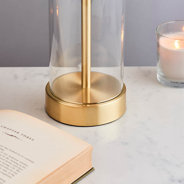 Endon Lessina Single Light Table Lamp - Satin Brass Plate & Vintage White Fabric