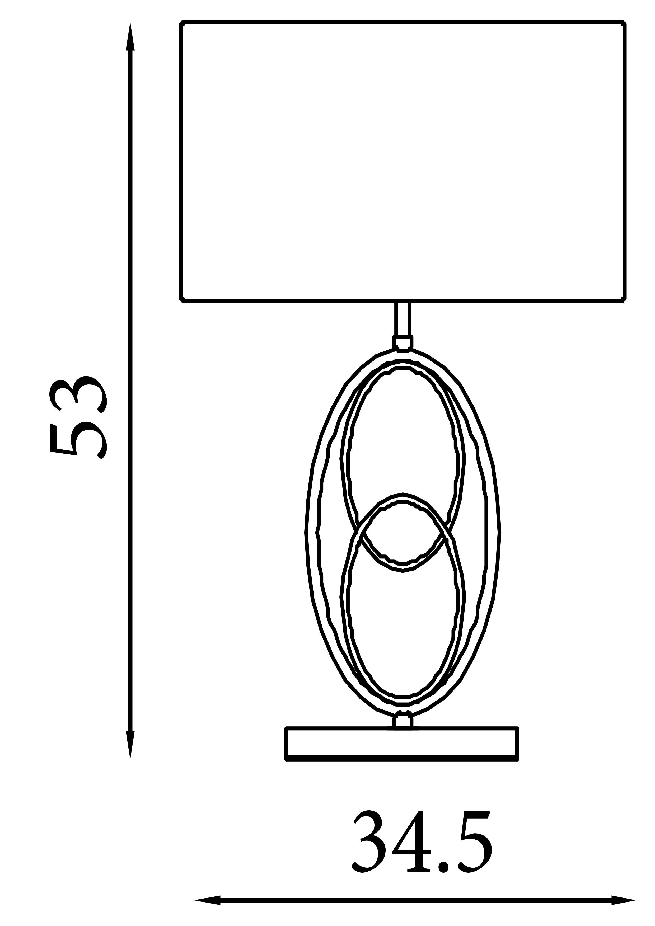Line drawing showing the Loopy table lamp's dimensions, 53cm high and 34.5cm wide