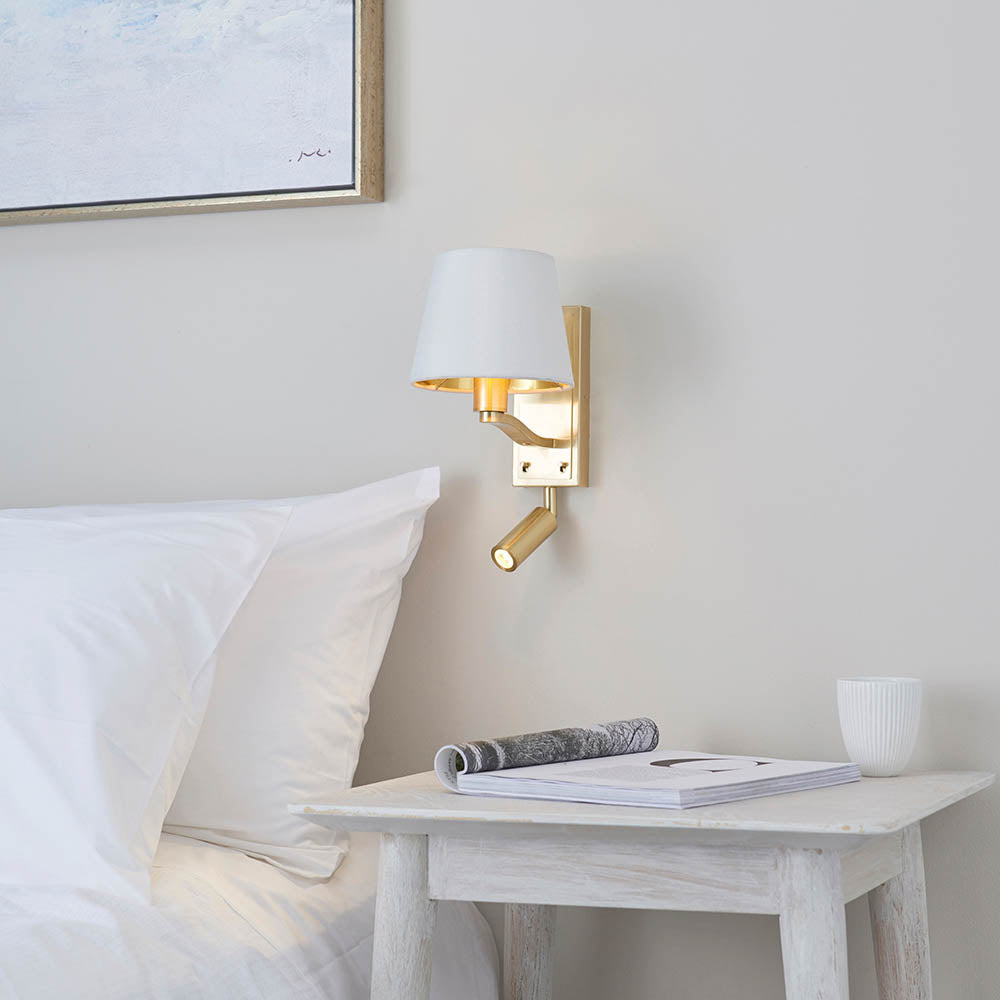 Endon Harvey Single Light Wall Fitting & Spot Light - Brushed Gold & Vintage White Faux Silk