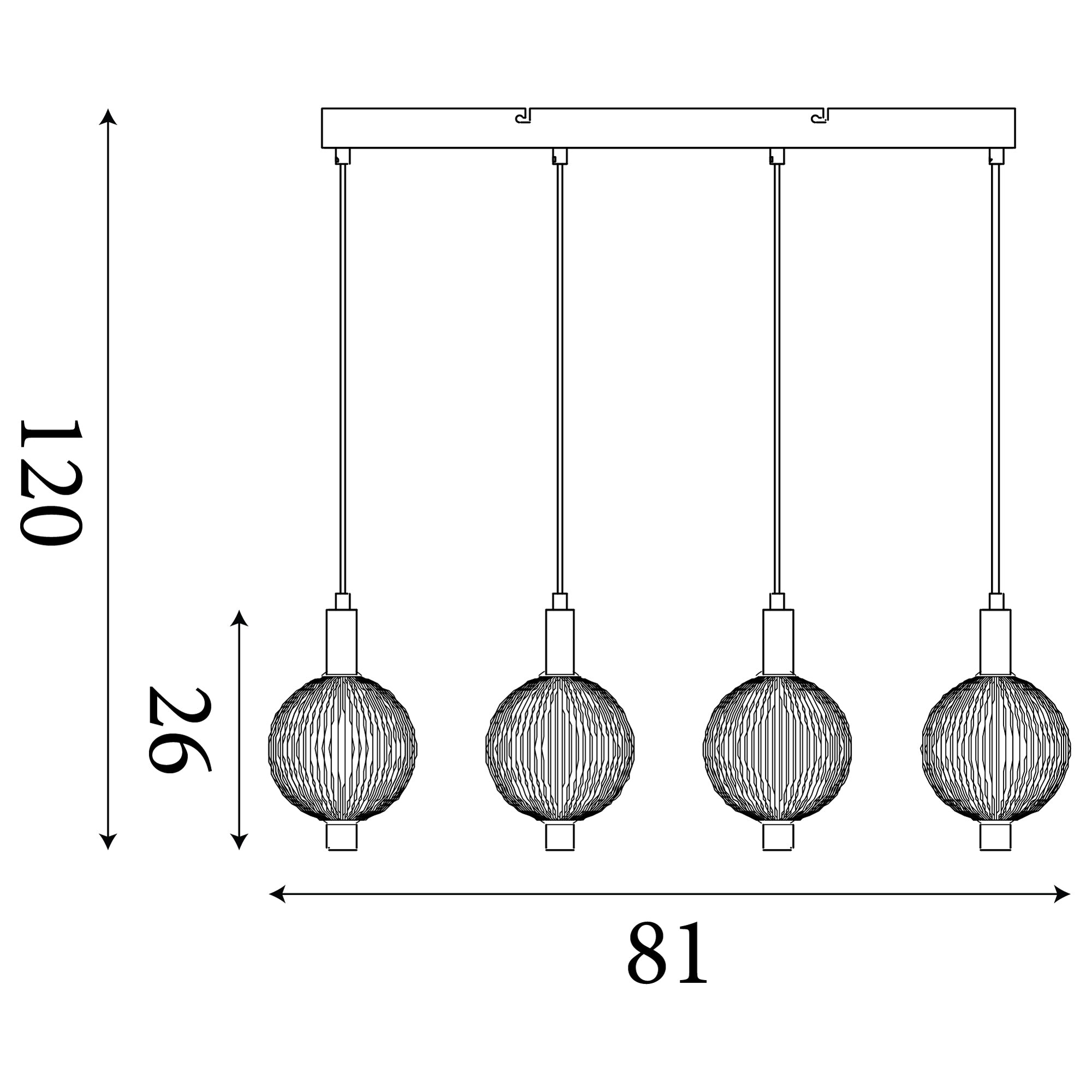 Technical line drawing of the Searchlight Luminique LED 4 light bar pendant showing a bar length of 81cm, globe diameter of 26cm and maximum drop of 120cm