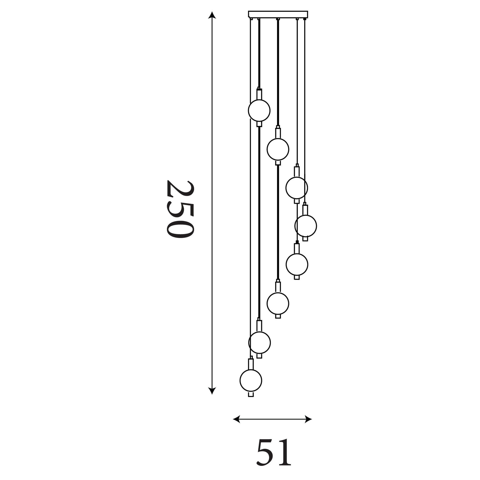 Searchlight Luminique LED 8 Light Pendant technical drawing showing 250cm maximum height and 51cm width