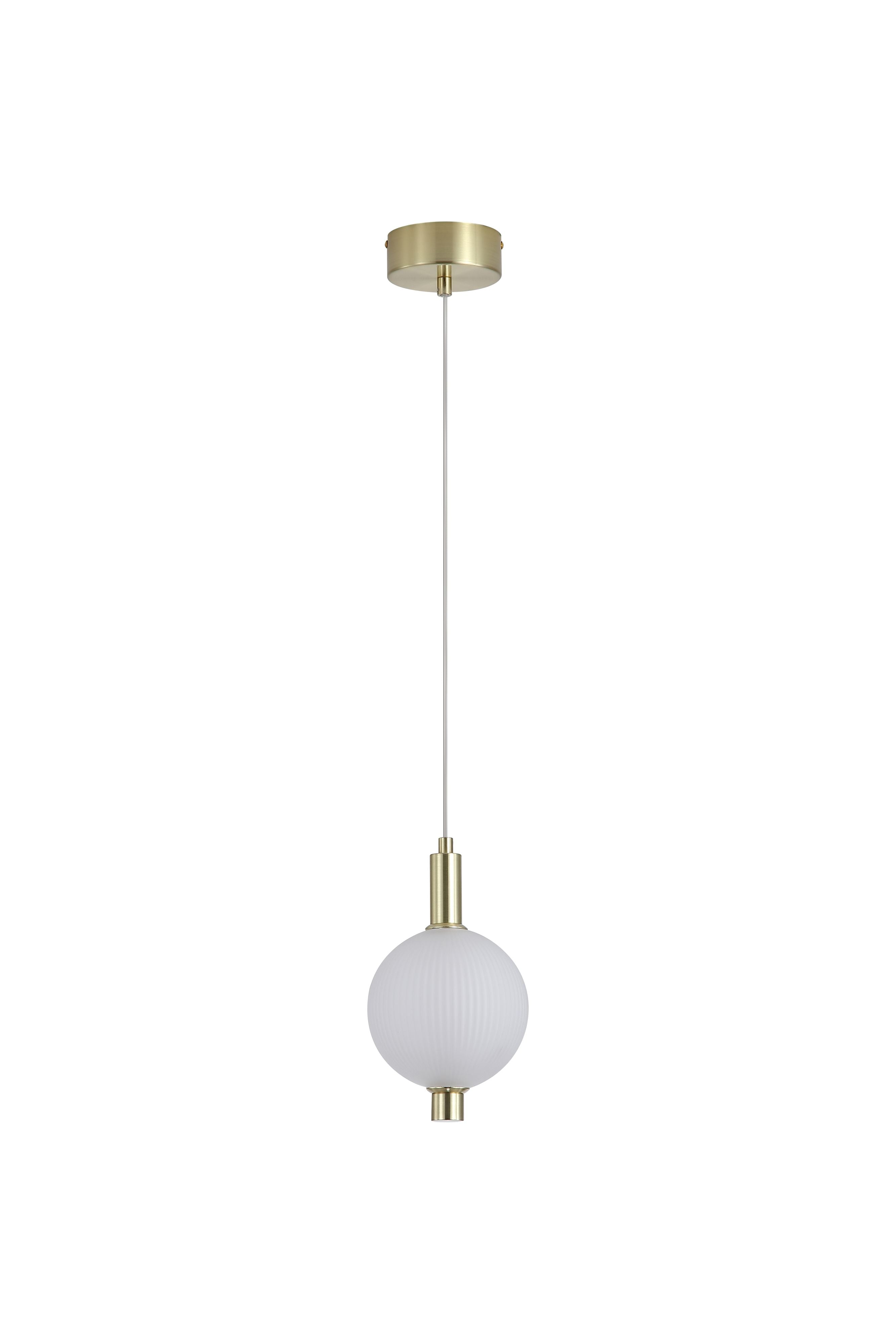 Searchlight Luminique LED Pendant in satin brass on a white background, angled view showing the ribbed texture of the glass globe