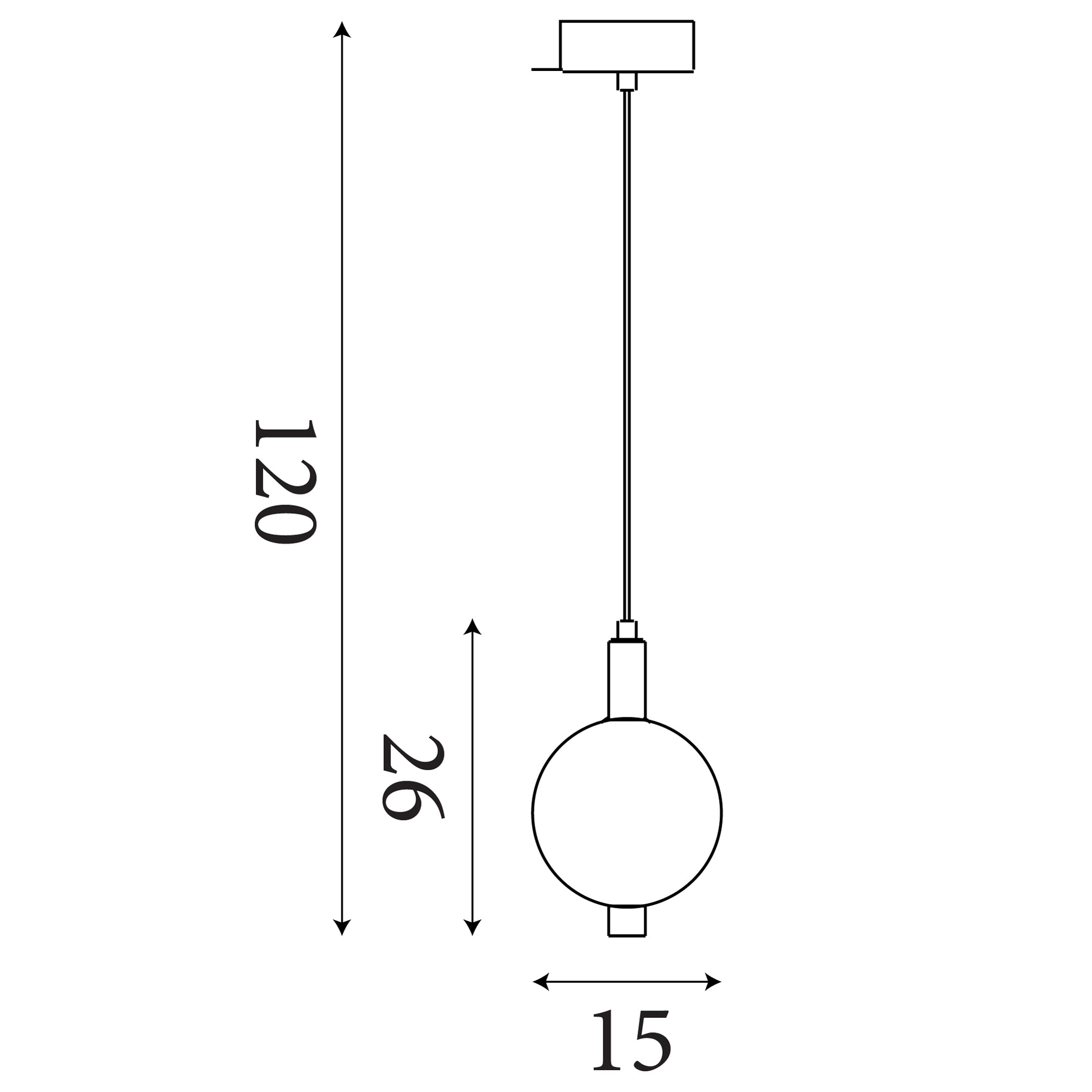 Searchlight Luminique LED Pendant technical drawing showing 120cm maximum height, 15cm globe width and 26cm drop from ceiling plate to shade