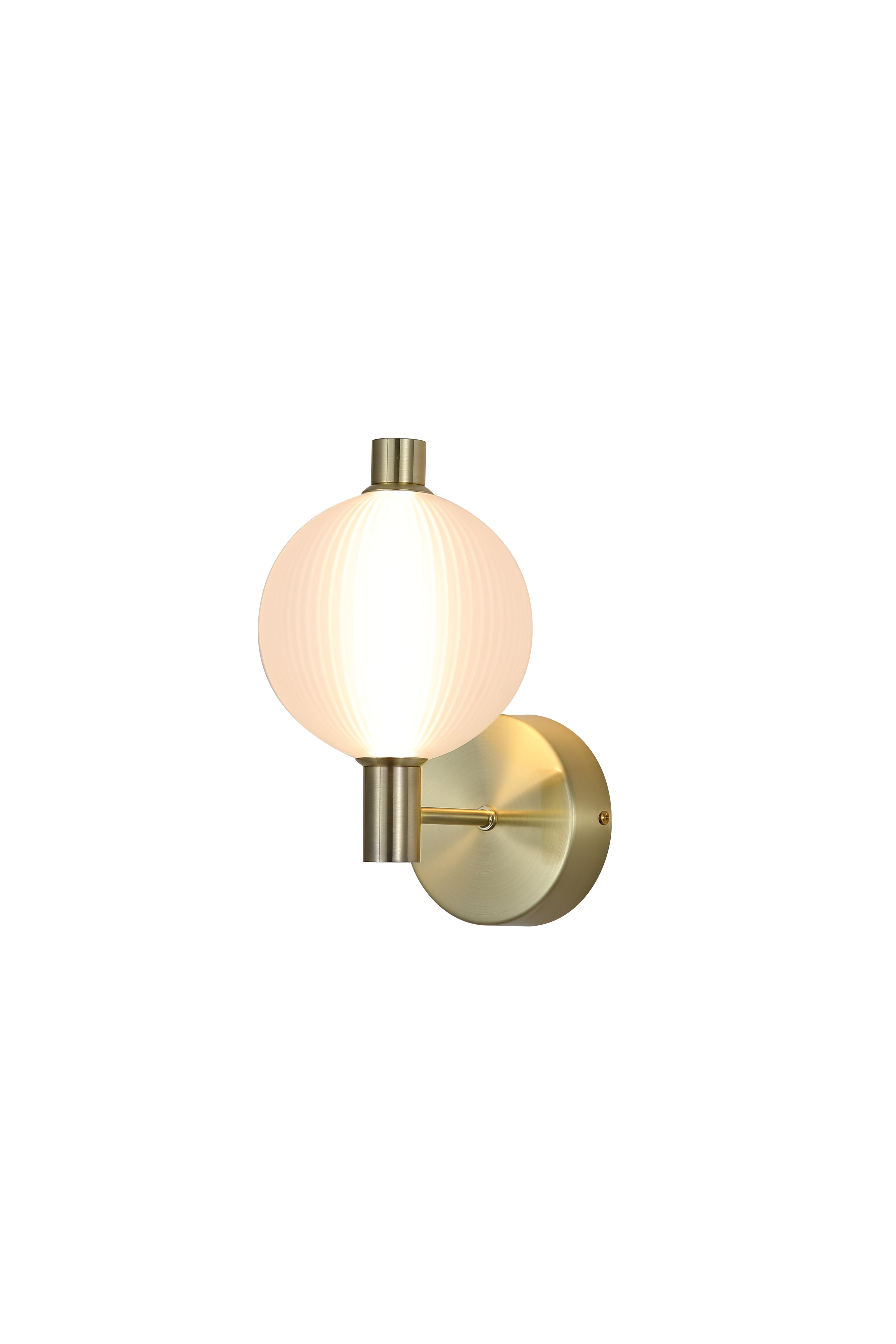 Searchlight Luminique LED Wall Light in satin brass on a white background, ribbed glass globe lit showing a warm glow