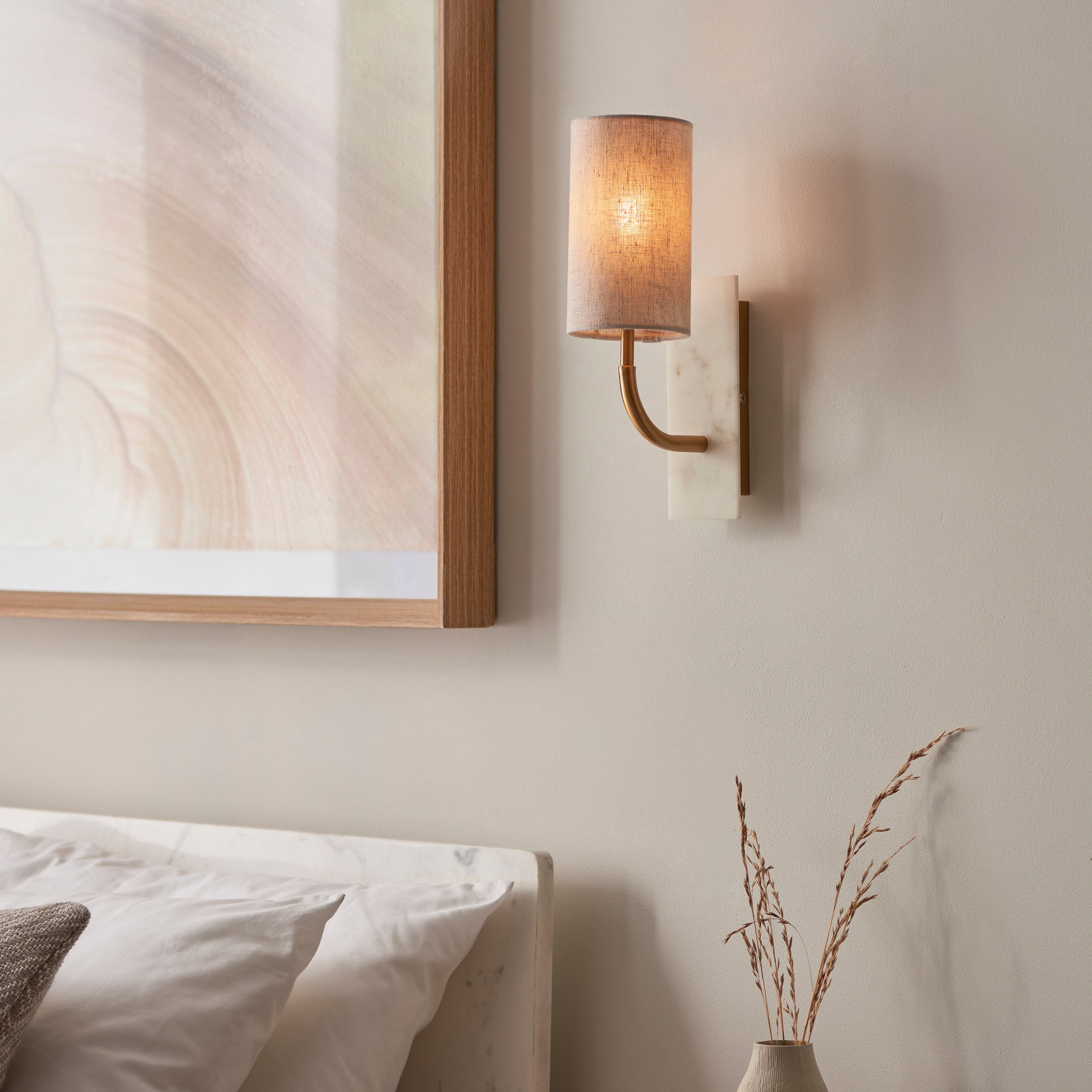 Utopia Spire Single White Marble Curved Arm Wall Light - Vintage Brass & Natural Cylindrical Shade