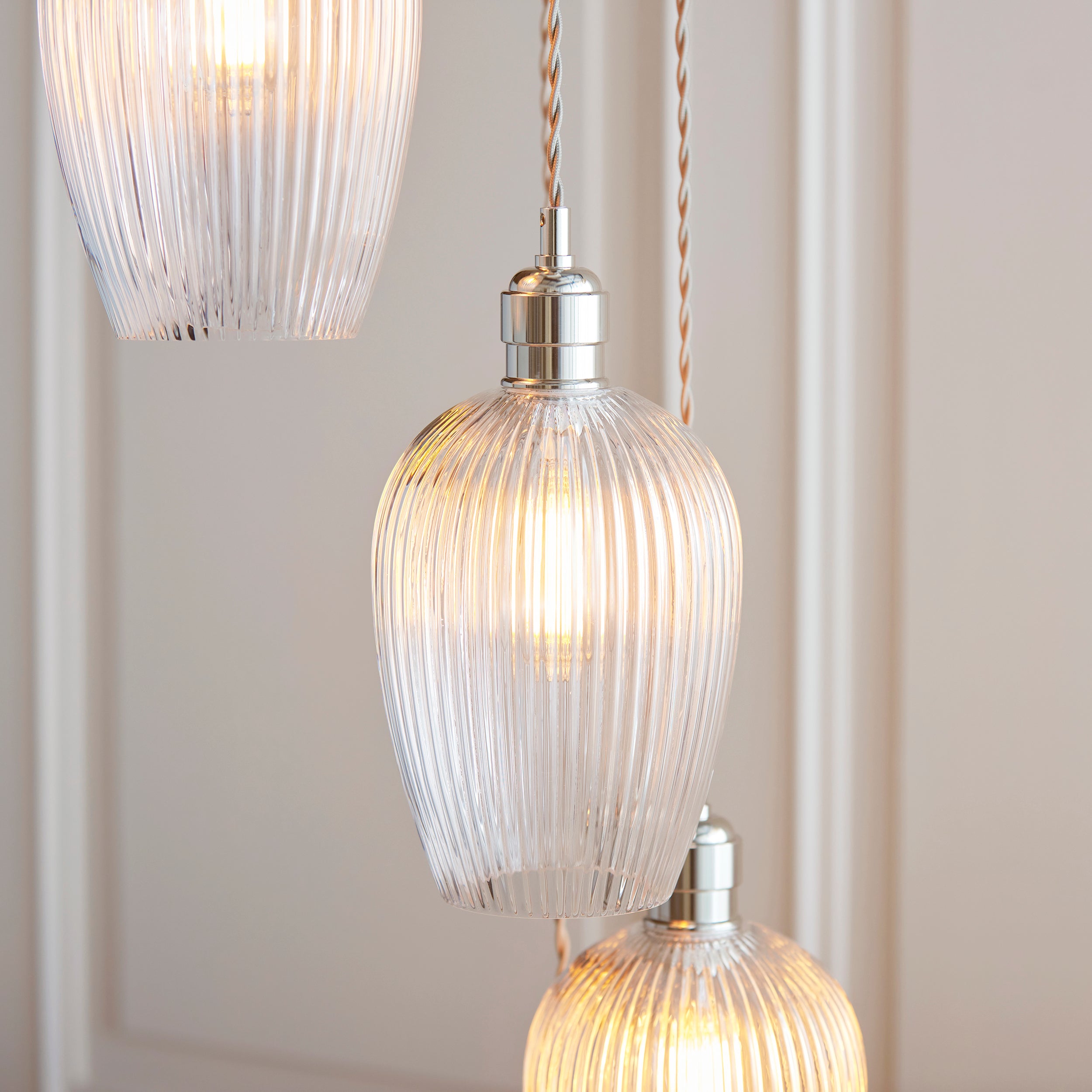 Utopia Finesse 7 Light Cascade Ceiling Pendant - Bright Nickel & Clear Ribbed Glass