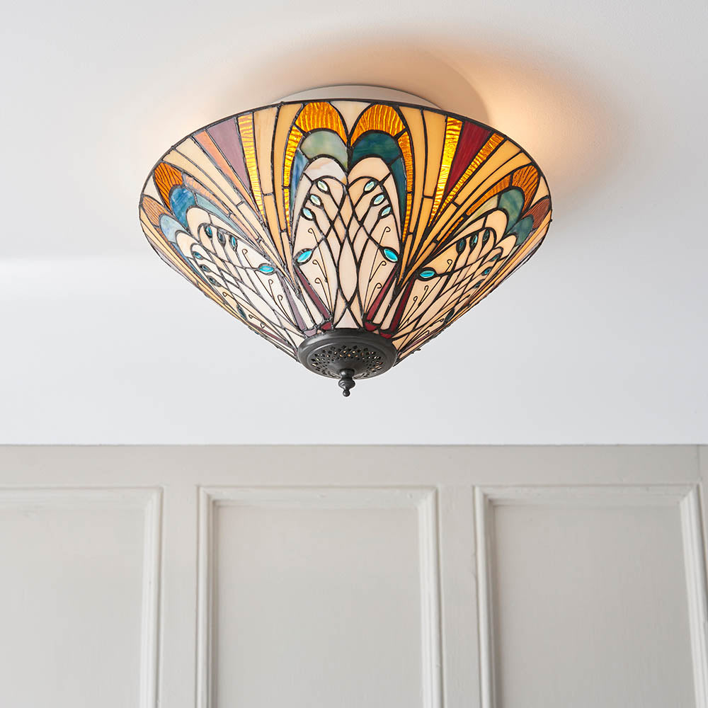 Interiors 1900 Hector Medium 2 Light Flush Fitting Pendant - Handcrafted Tiffany Style Glass