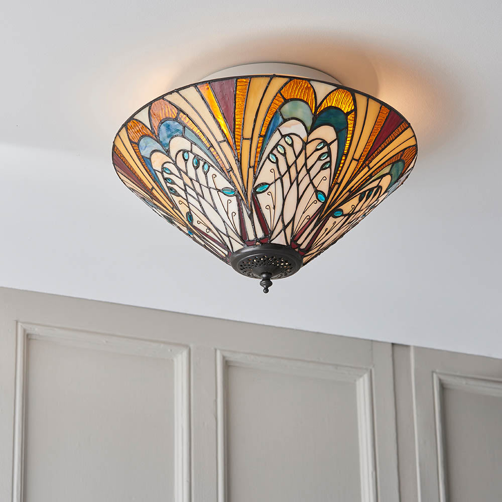 Interiors 1900 Hector Medium 2 Light Flush Fitting Pendant - Handcrafted Tiffany Style Glass