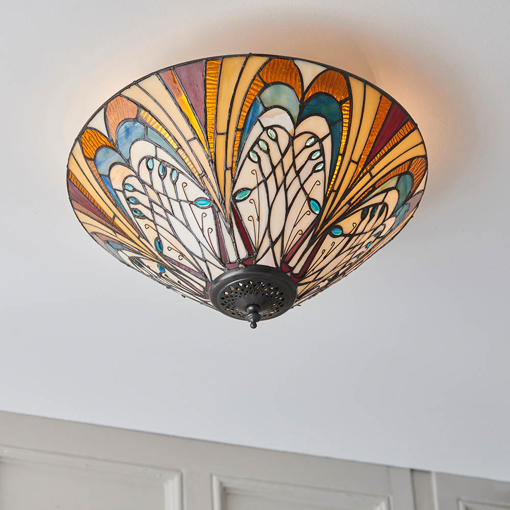 Interiors 1900 Hector Medium 2 Light Flush Fitting Pendant - Handcrafted Tiffany Style Glass