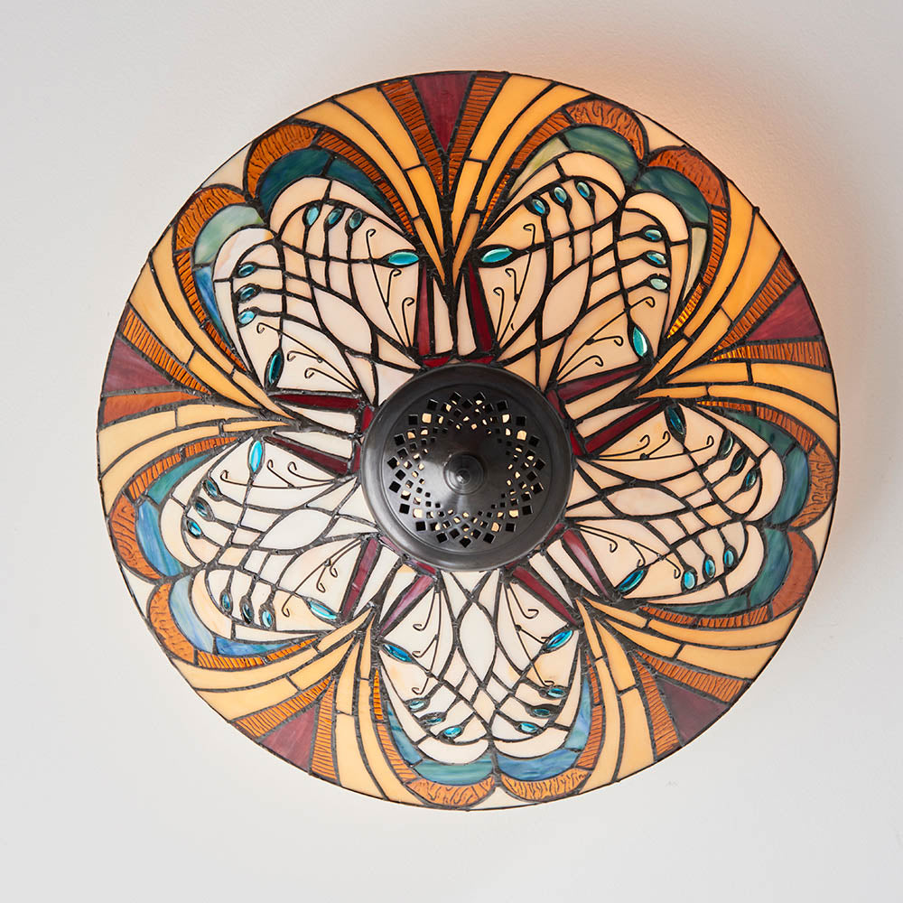 Interiors 1900 Hector Medium 2 Light Flush Fitting Pendant - Handcrafted Tiffany Style Glass