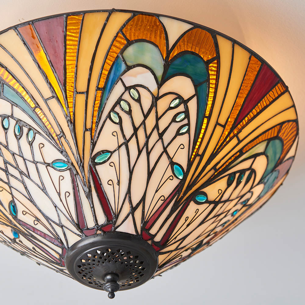 Interiors 1900 Hector Medium 2 Light Flush Fitting Pendant - Handcrafted Tiffany Style Glass