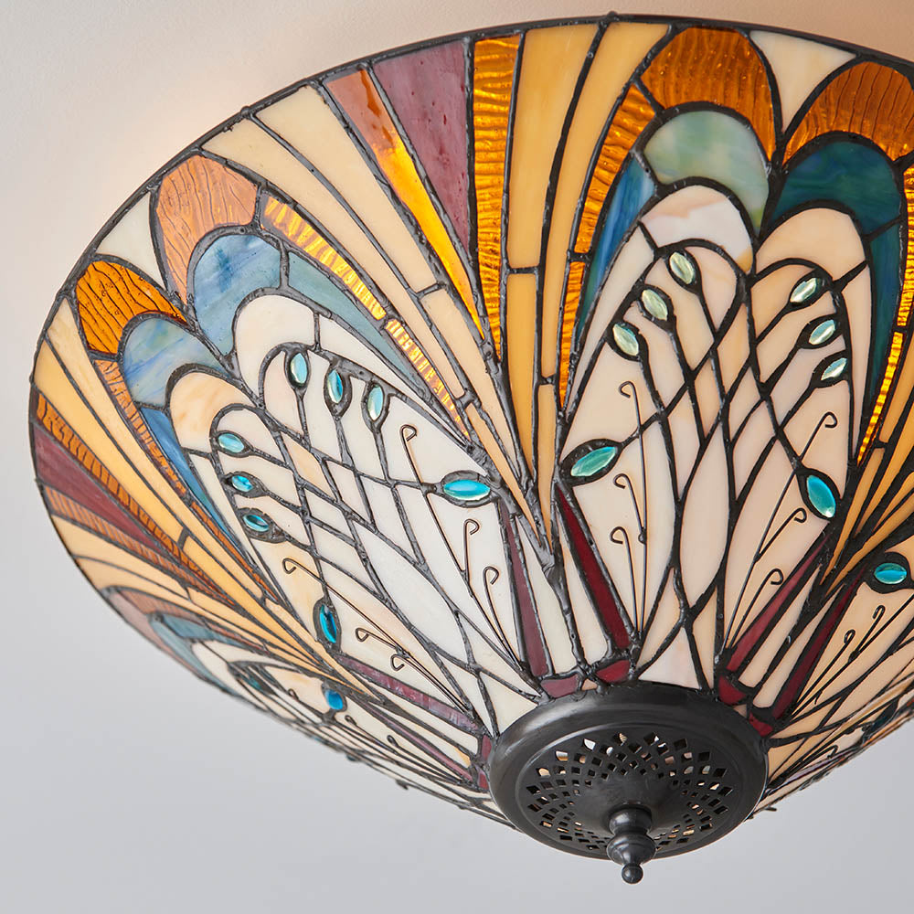 Interiors 1900 Hector Medium 2 Light Flush Fitting Pendant - Handcrafted Tiffany Style Glass