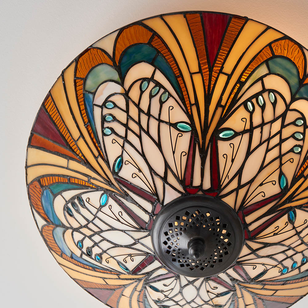 Interiors 1900 Hector Medium 2 Light Flush Fitting Pendant - Handcrafted Tiffany Style Glass