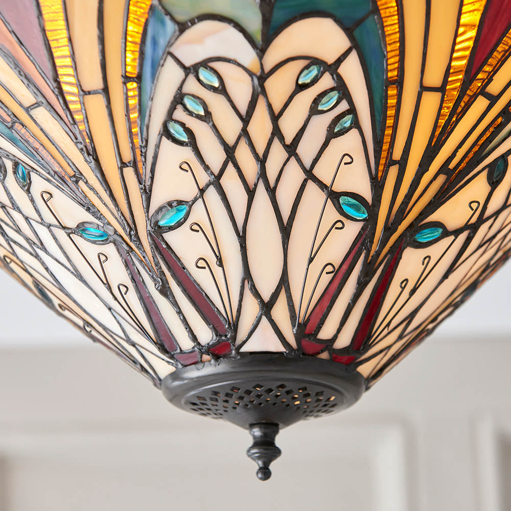 Interiors 1900 Hector Medium 2 Light Flush Fitting Pendant - Handcrafted Tiffany Style Glass