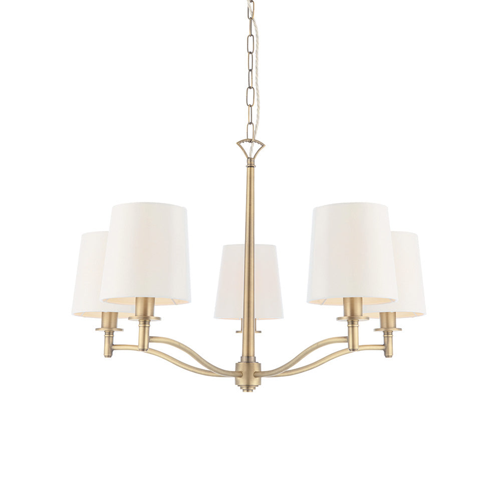 Endon Ortona 5 Light Pendant - Matt Antique Brass Plate & Vintage White Fabric