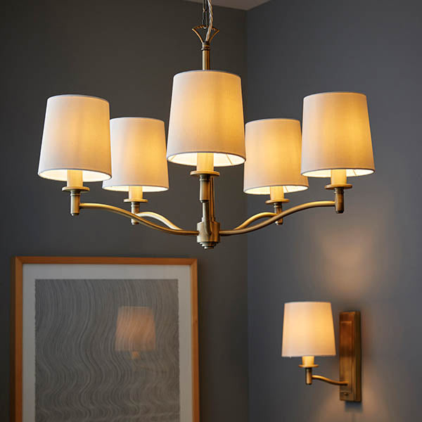 Endon Ortona 5 Light Pendant - Matt Antique Brass Plate & Vintage White Fabric