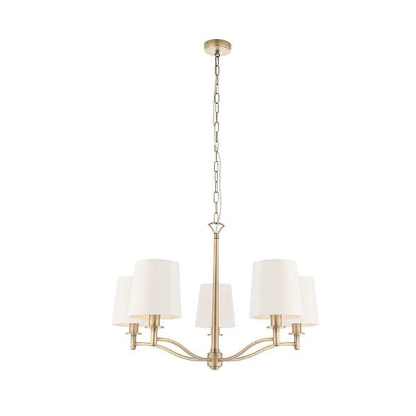 Endon Ortona 5 Light Pendant - Matt Antique Brass Plate & Vintage White Fabric