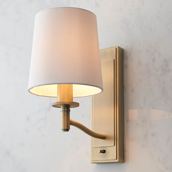 Endon Ortona Single Light Wall Light - Matt Antique Brass Plate & Vintage White Fabric