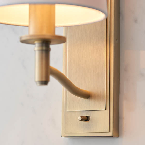 Endon Ortona Single Light Wall Light - Matt Antique Brass Plate & Vintage White Fabric