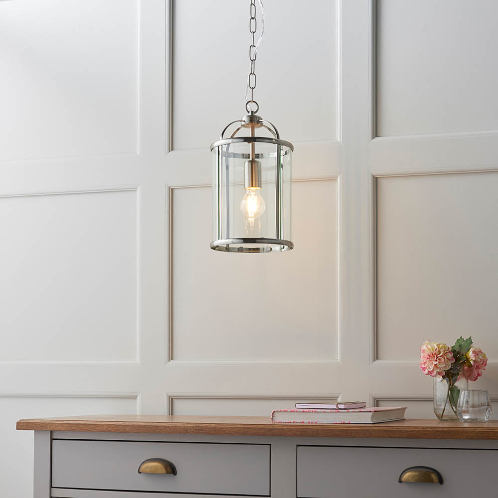 Endon Lambeth Single Light Pendant - Satin Nickel Plate & Clear Glass
