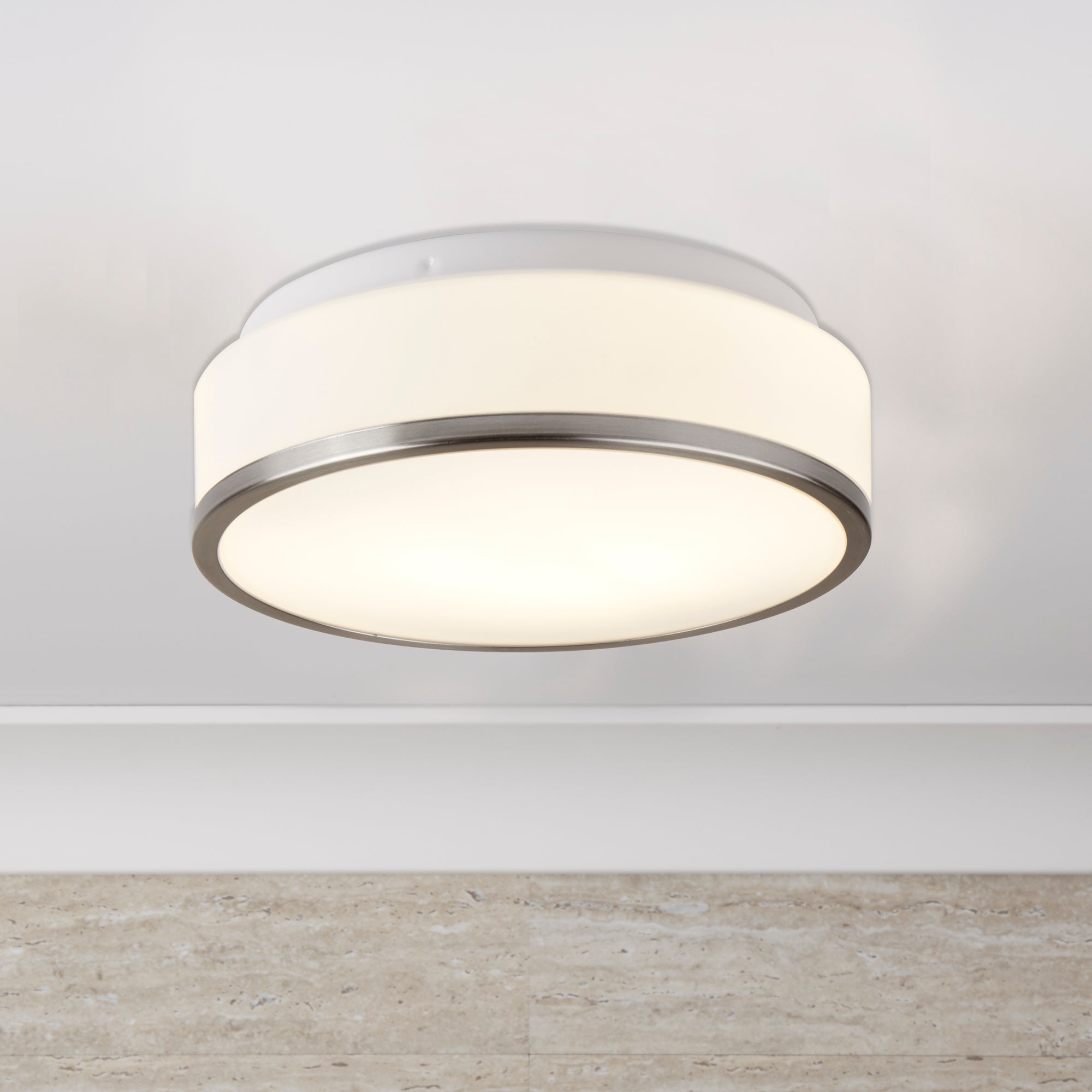Searchlight Cannock 23cm 2 Light Flush - Satin Silver & White Glass