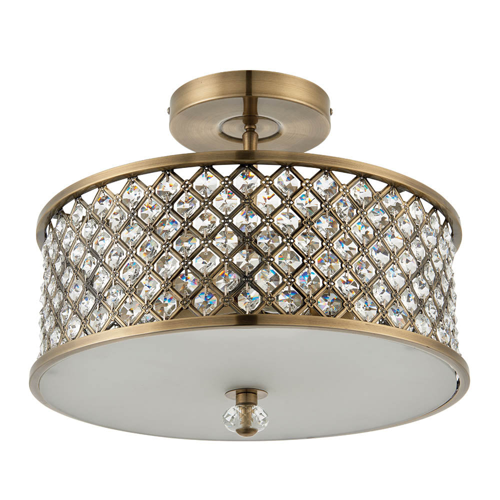 Endon Hudson 3 Light Flush Fitting - Antique Brass Plate & Clear Crystal
