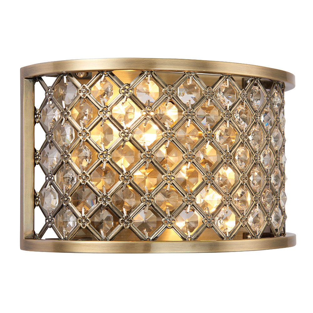Endon Hudson 2 Light Wall Light - Antique Brass Plate & Clear Crystal