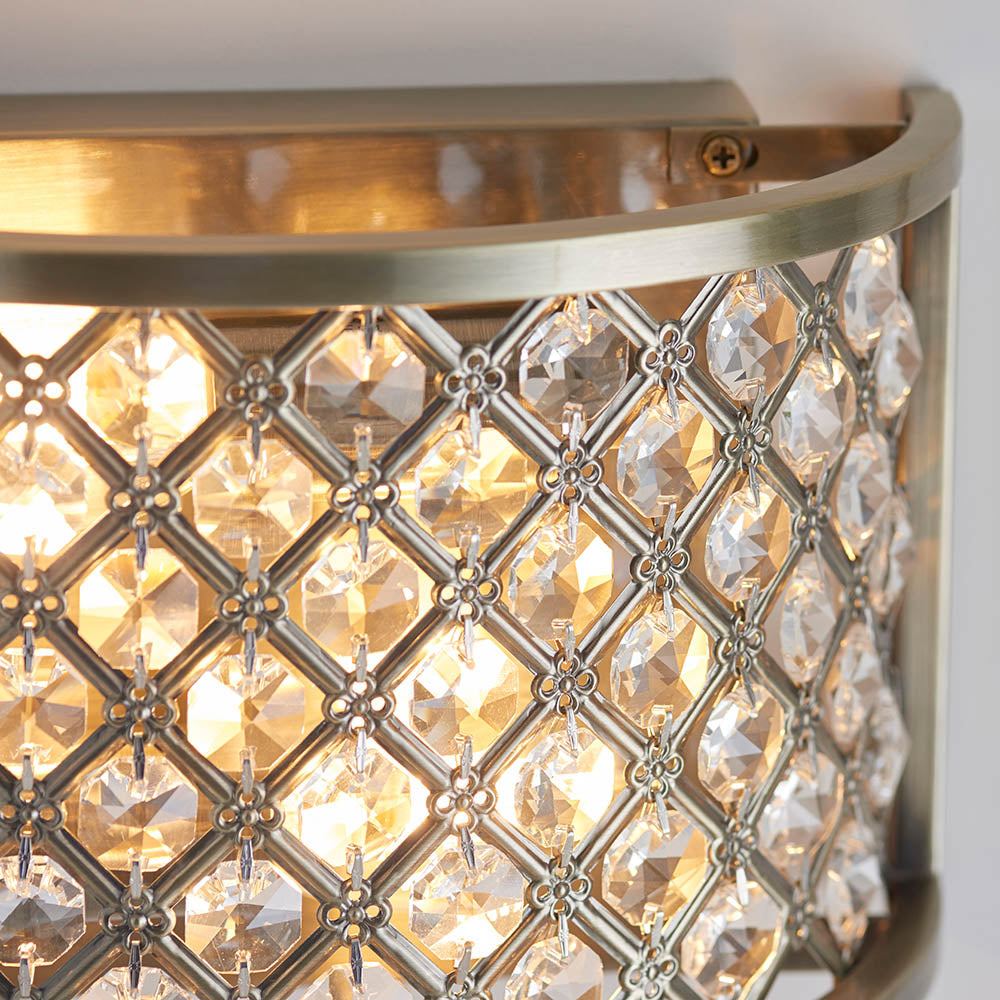 Endon Hudson 2 Light Wall Light - Antique Brass Plate & Clear Crystal