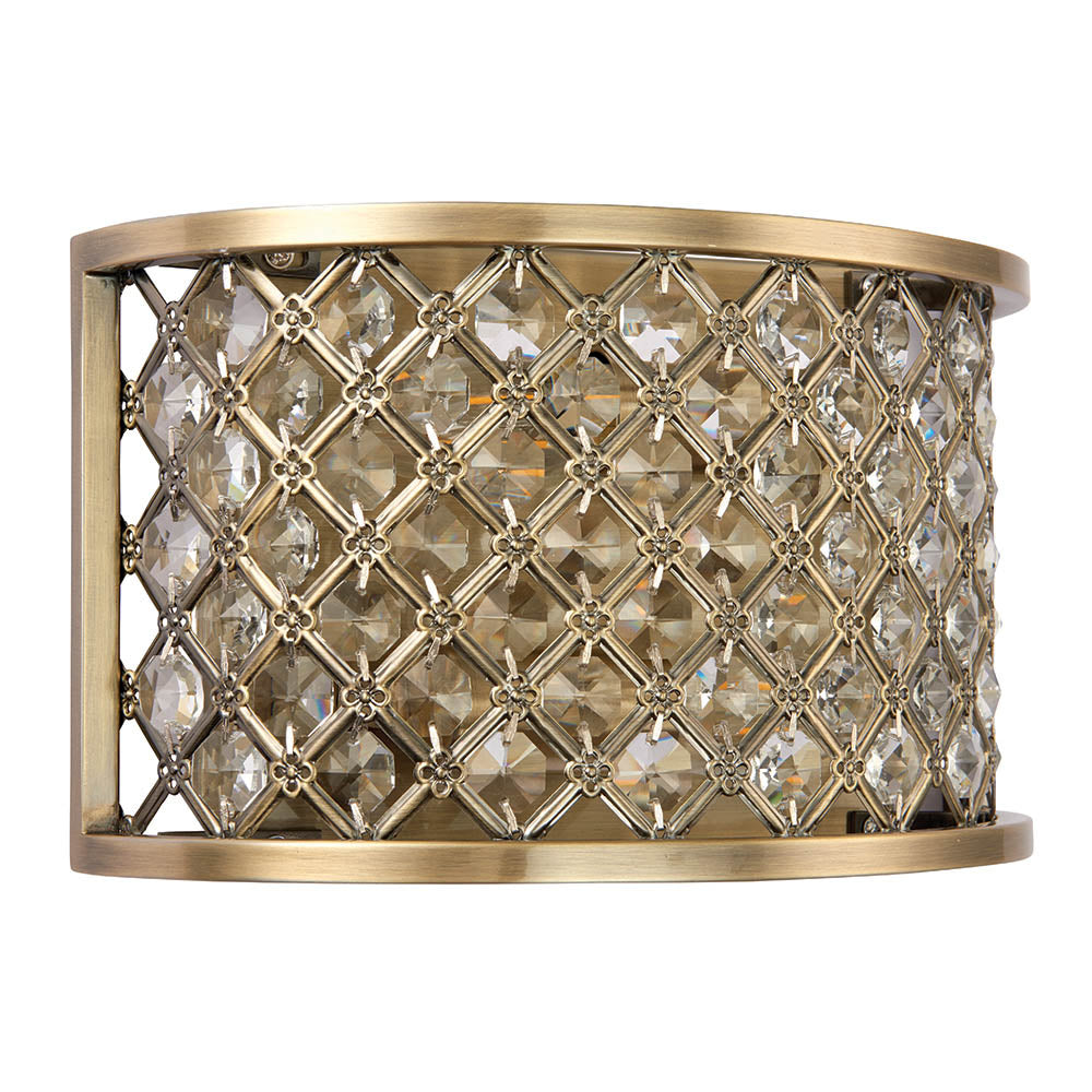 Endon Hudson 2 Light Wall Light - Antique Brass Plate & Clear Crystal
