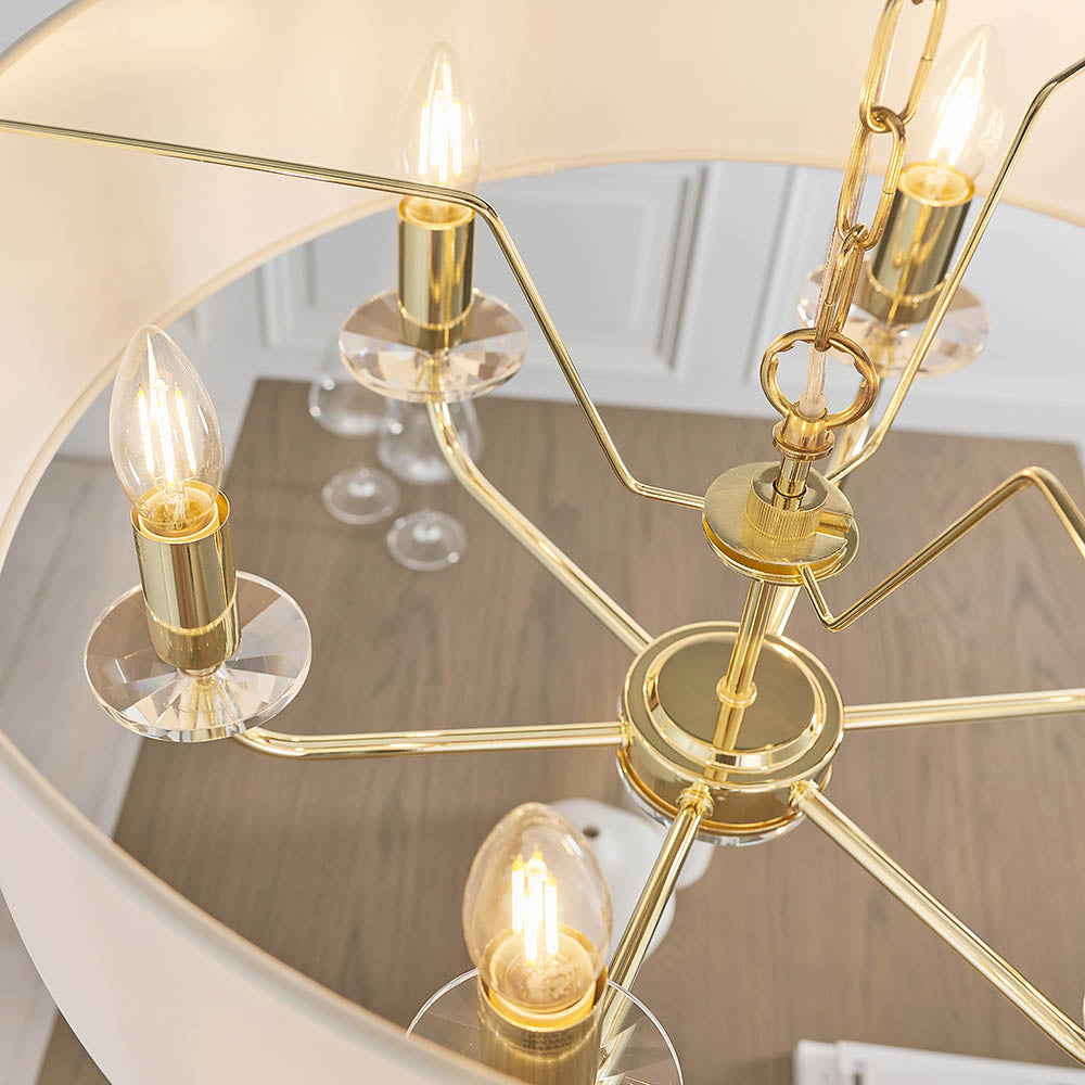 Endon Nixon 6 Light Pendant - Brass Plate & Vintage White Fabric