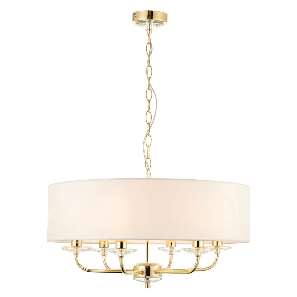 Endon Nixon 6 Light Pendant - Brass Plate & Vintage White Fabric