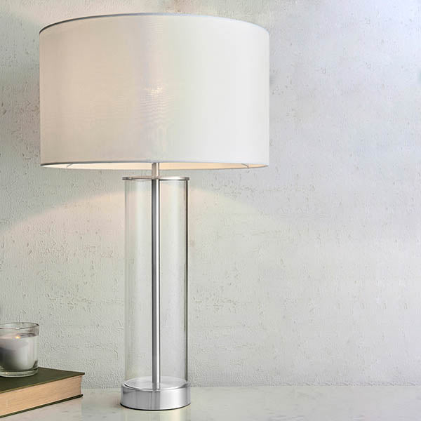Endon Lessina Single Light Table Lamp - Bright Nickel Plate & Vintage White Fabric
