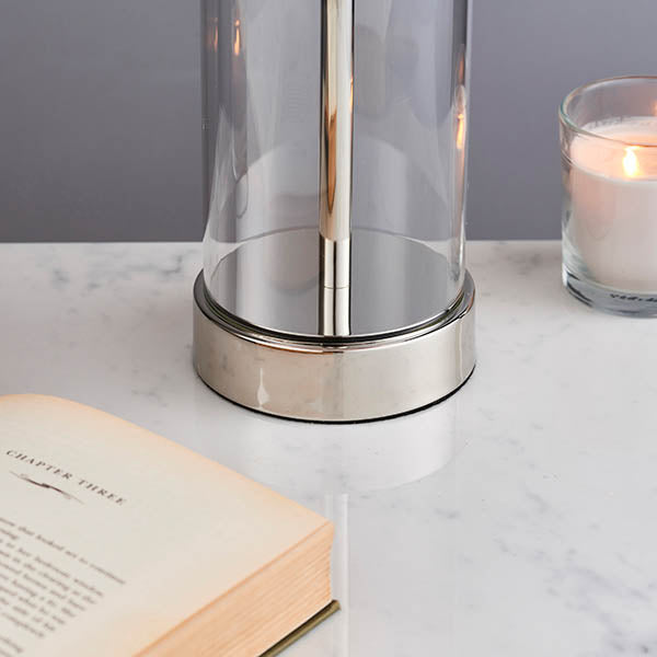 Endon Lessina Single Light Table Lamp - Bright Nickel Plate & Vintage White Fabric