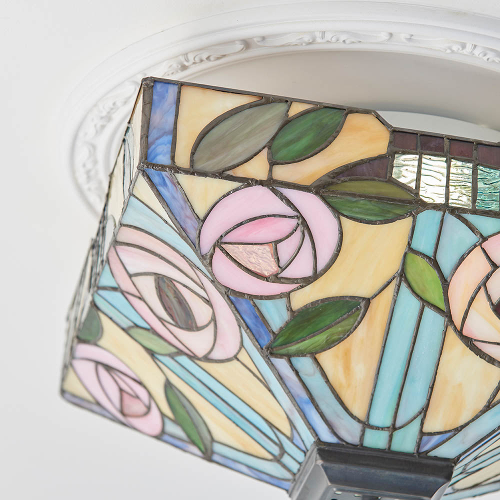 Interiors 1900 Willow Medium 2 Light Flush Fitting Pendant -Handcrafted Tiffany Style Glass