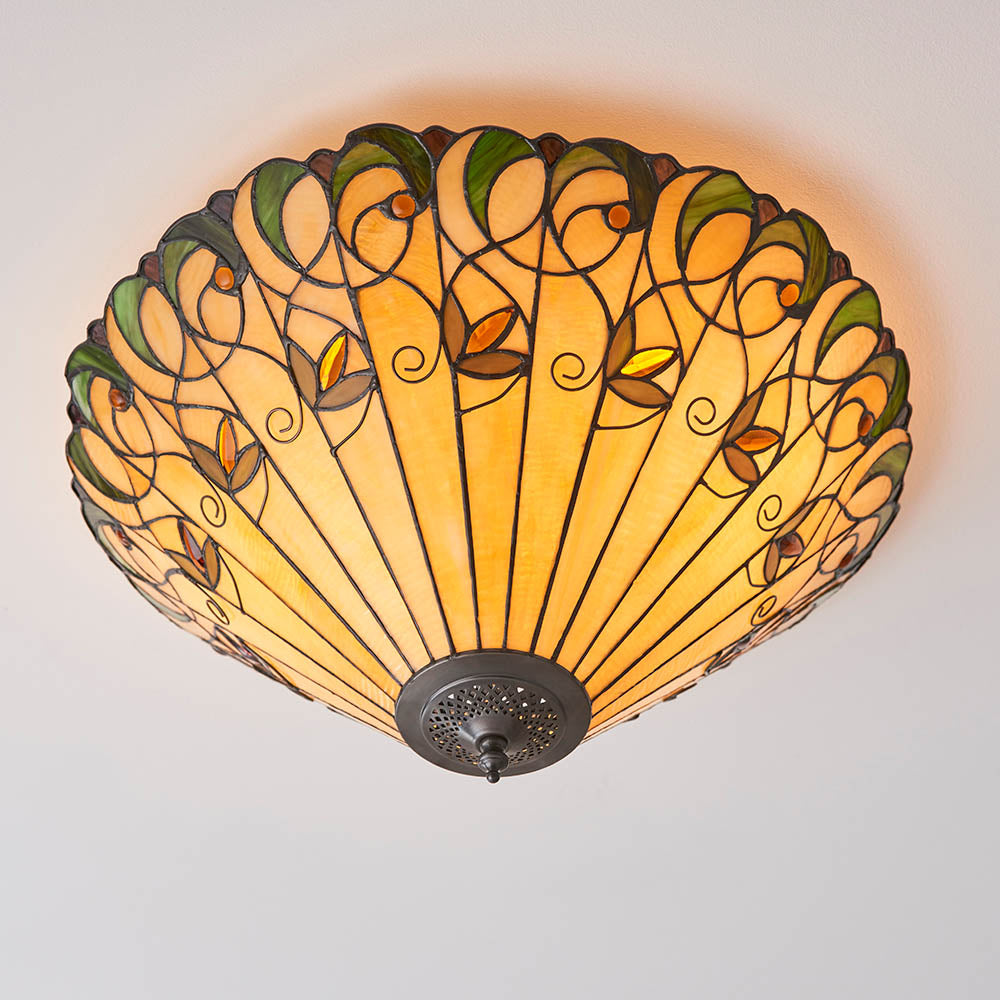 Interiors 1900 Jamelia Large 2 Light Flush Fitting Pendant - Handcrafted Tiffany Style Glass