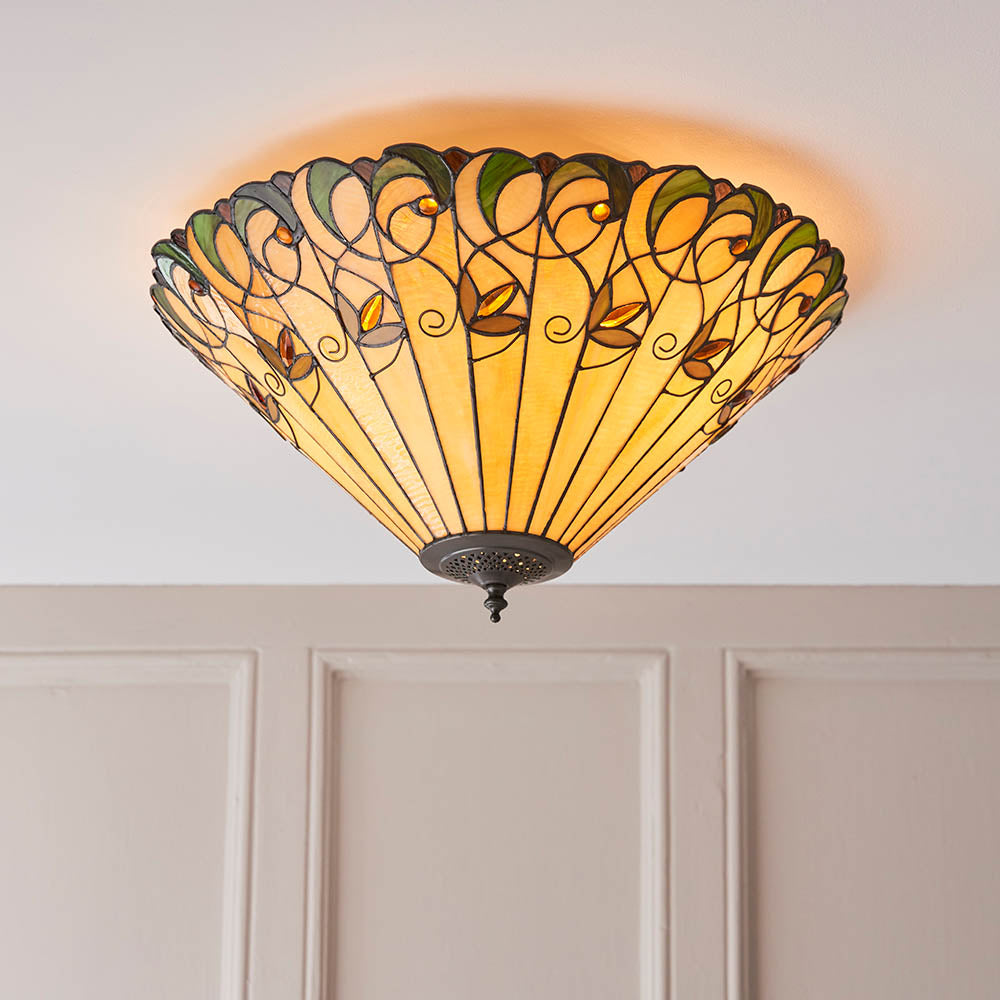 Interiors 1900 Jamelia Large 2 Light Flush Fitting Pendant -Handcrafted Tiffany Style Glass