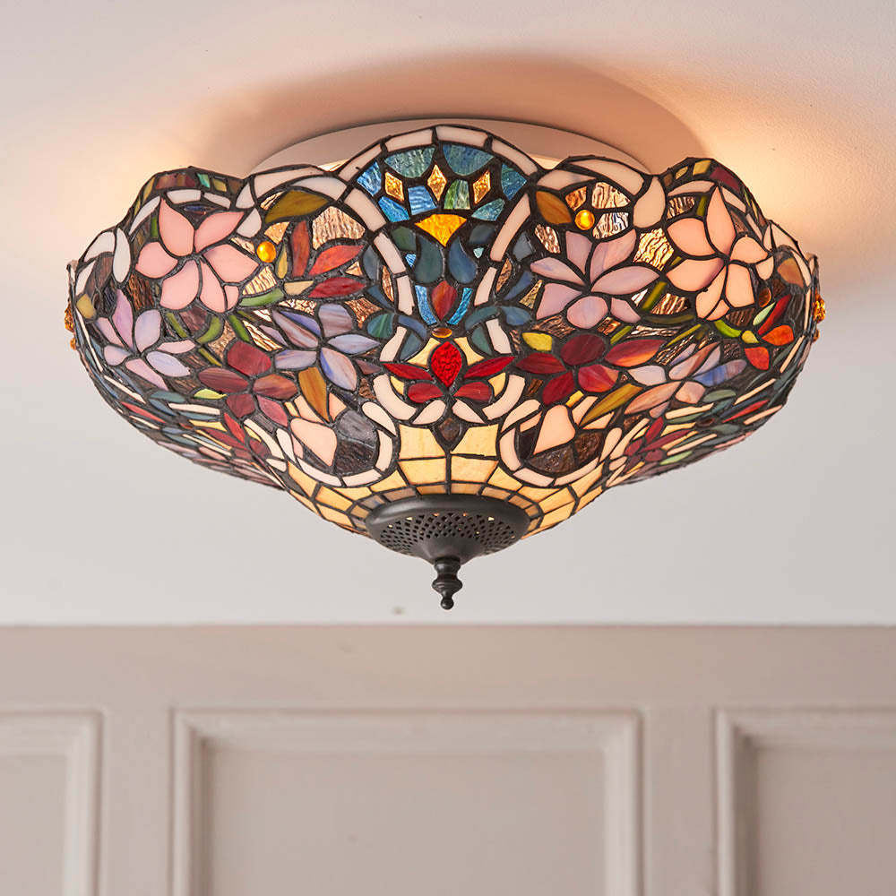 Interiors 1900 Sullivan Medium 2 Light Flush Fitting Pendant -Handcrafted Tiffany Style Glass
