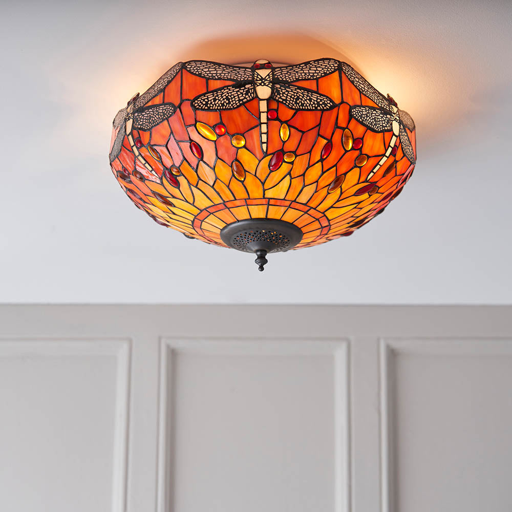 Interiors 1900 Dragonfly Flame Medium 2 Light Flush Fitting Pendant -Handcrafted Tiffany Style Glass