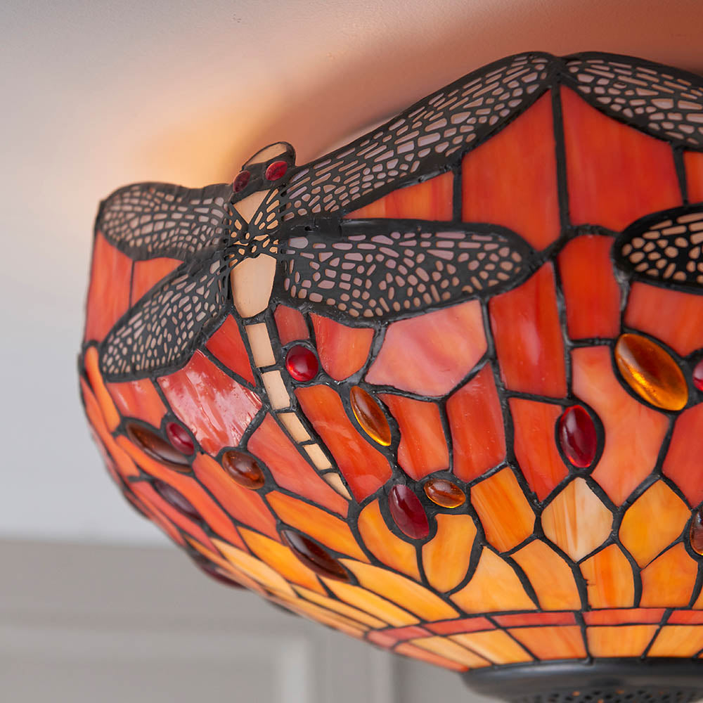 Interiors 1900 Dragonfly Flame Medium 2 Light Flush Fitting Pendant -Handcrafted Tiffany Style Glass