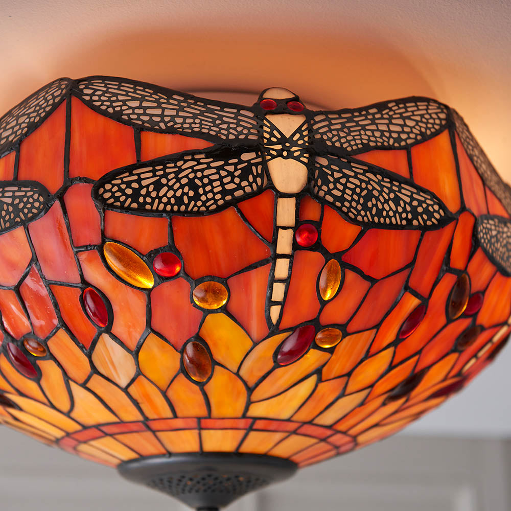 Interiors 1900 Dragonfly Flame Medium 2 Light Flush Fitting Pendant - Handcrafted Tiffany Style Glass