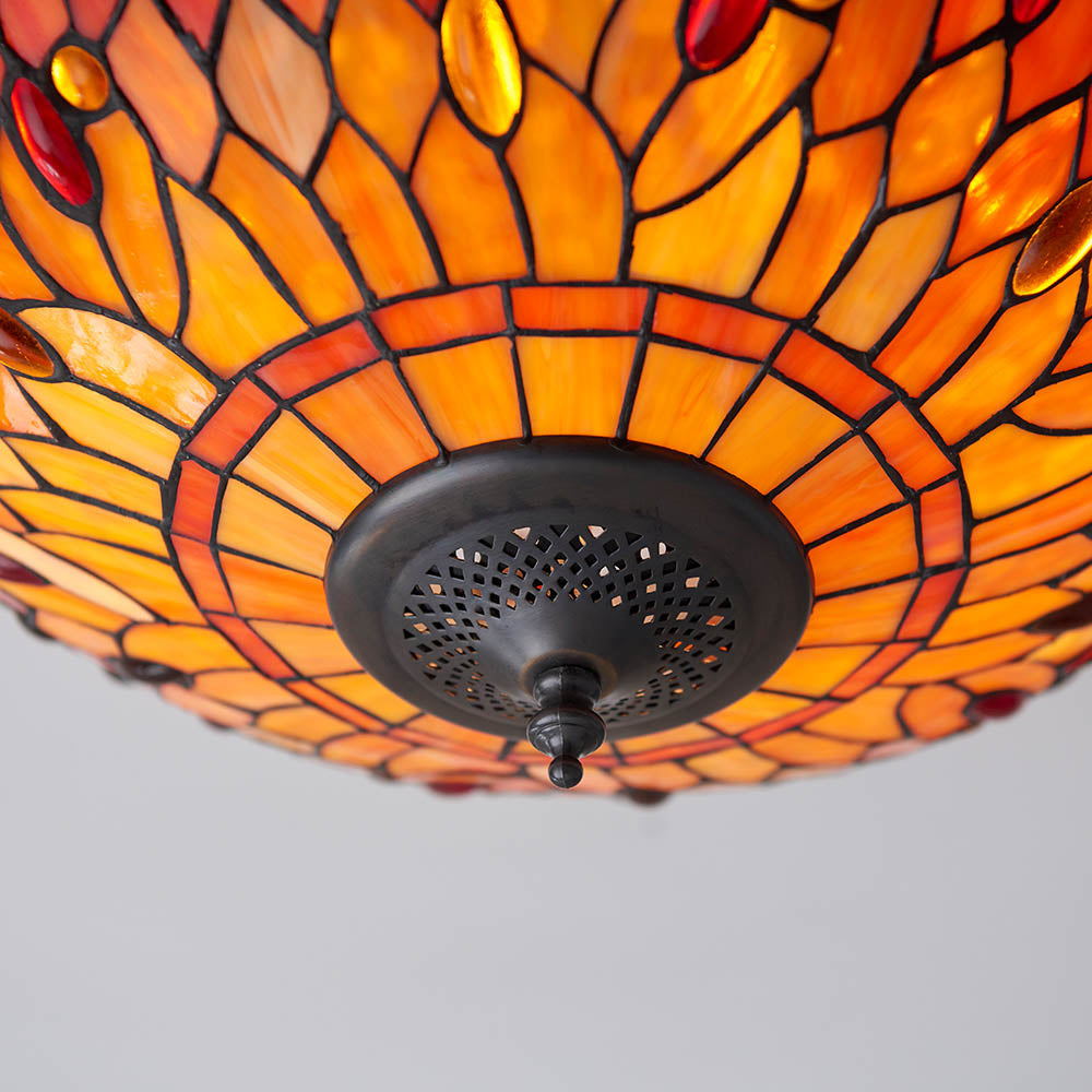 Interiors 1900 Dragonfly Flame Medium 2 Light Flush Fitting Pendant -Handcrafted Tiffany Style Glass