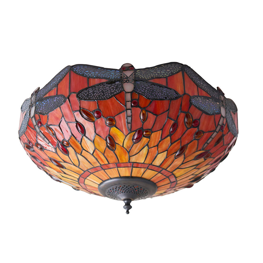 Interiors 1900 Dragonfly Flame Medium 2 Light Flush Fitting Pendant - Handcrafted Tiffany Style Glass
