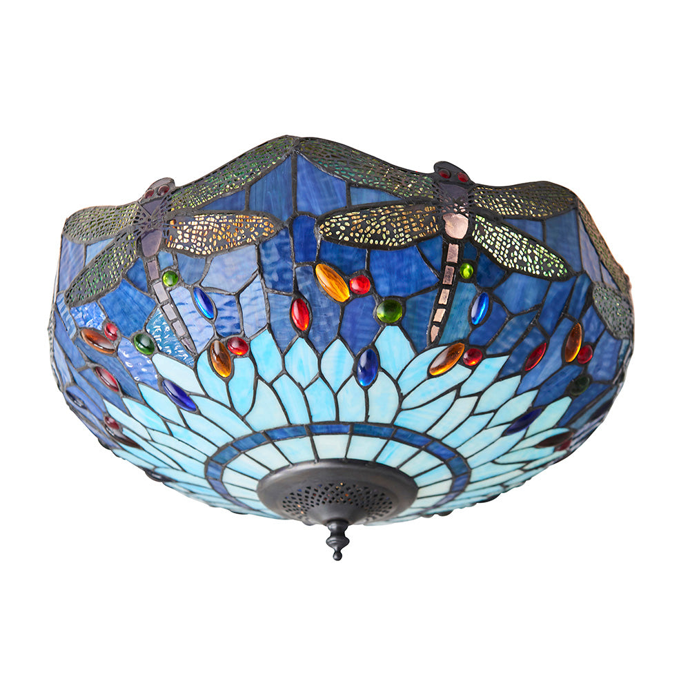 Interiors 1900 Dragonfly Blue Medium 2 Light Flush Fitting - Tiffany Glass