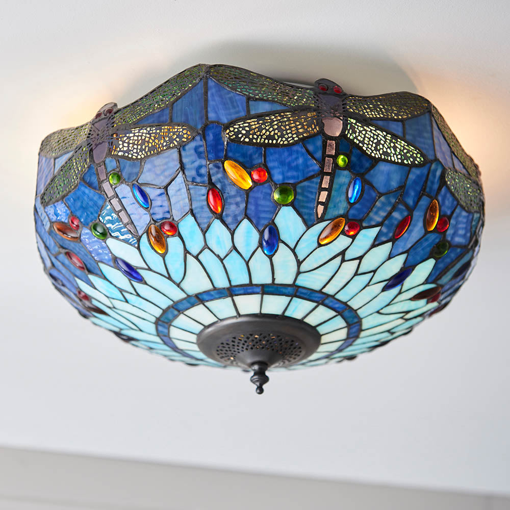 Interiors 1900 Dragonfly Blue Medium 2 Light Flush Fitting - Tiffany Glass