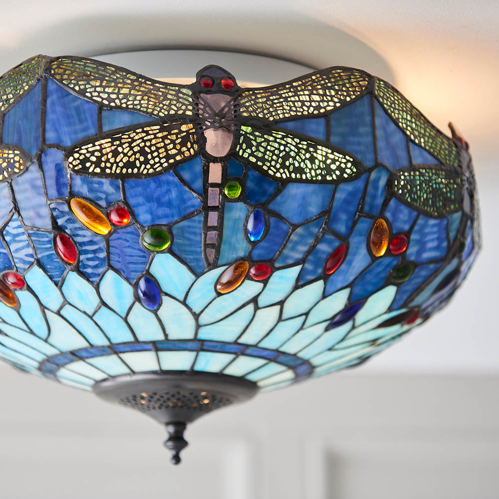Interiors 1900 Dragonfly Blue Medium 2 Light Flush Fitting - Tiffany Glass