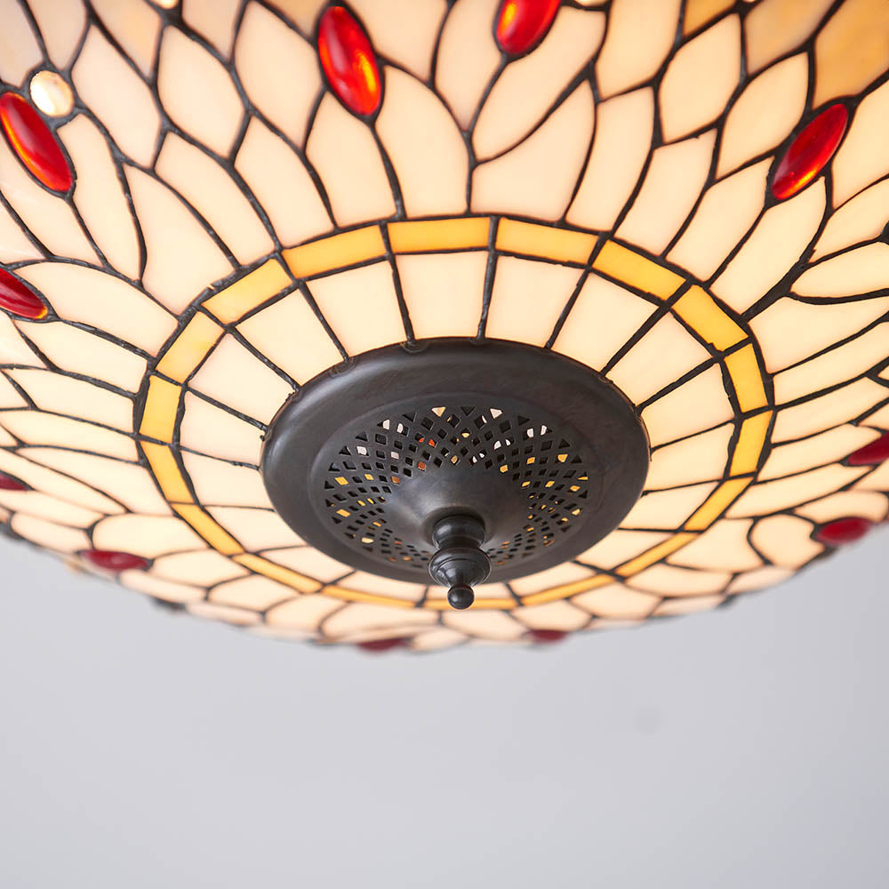 Interiors 1900 Dragonfly Beige Medium 2 Light Flush Fitting Pendant -Handcrafted Tiffany Style Glass